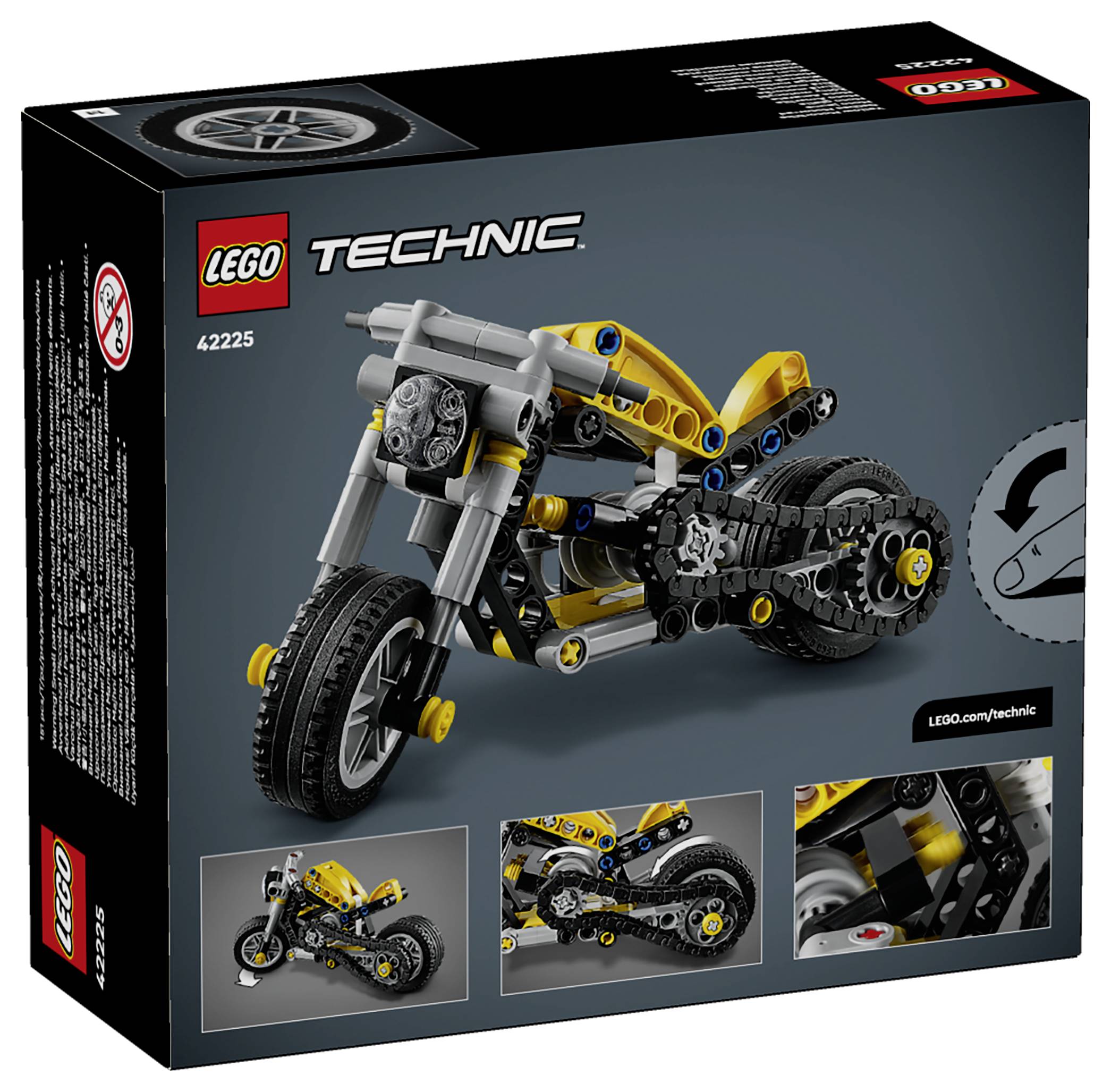 LEGO Technic Produktpaket mit einem detaillierten Motorradmodell mit gelben und schwarzen Elementen. Enthält kleinere Abbildungen von Modellfunktionen.