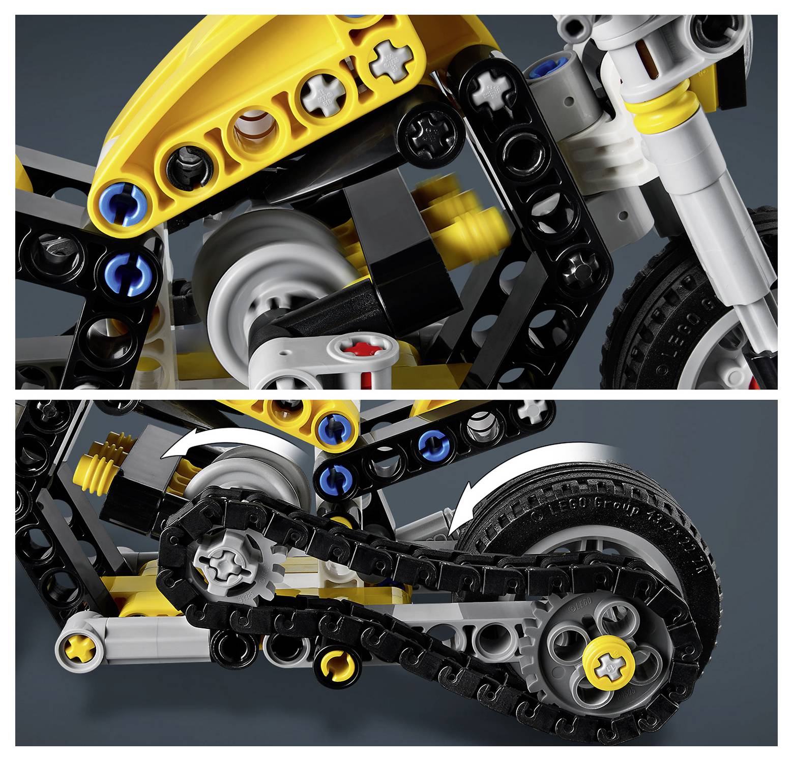 Nahaufnahme eines detaillierten Spielzeug-Konstruktionssatz-Motorrads mit Zahnradmechanismen und einem Kettenantriebssystem vor dunklem Hintergrund.
