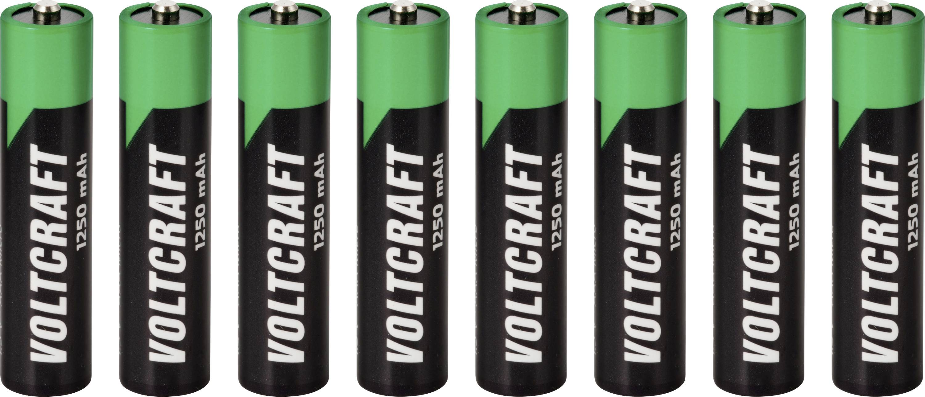 Acht grüne und schwarze Ultracell-AA-Batterien, aufrecht in einer Reihe auf weißem Hintergrund angeordnet.