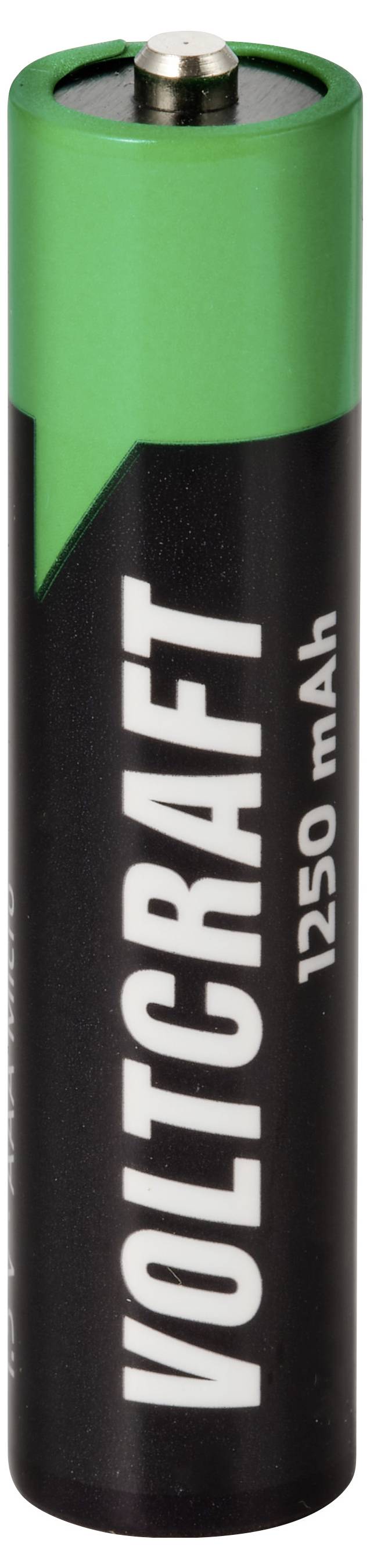 Grüne und schwarze Voltcraft 1250-mAh-Batterie, aufrecht dargestellt mit dem Markennamen auf dem Etikett.