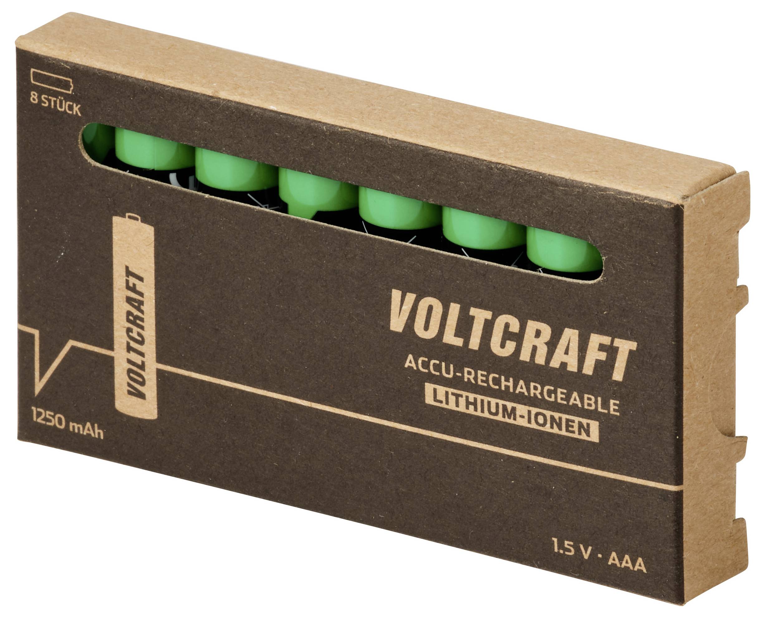 Achtererpack Voltcraft wiederaufladbare Lithium-Ionen-AAA-Batterien in einer Pappschachtel, gekennzeichnet mit 1,5V und 1250 mAh.