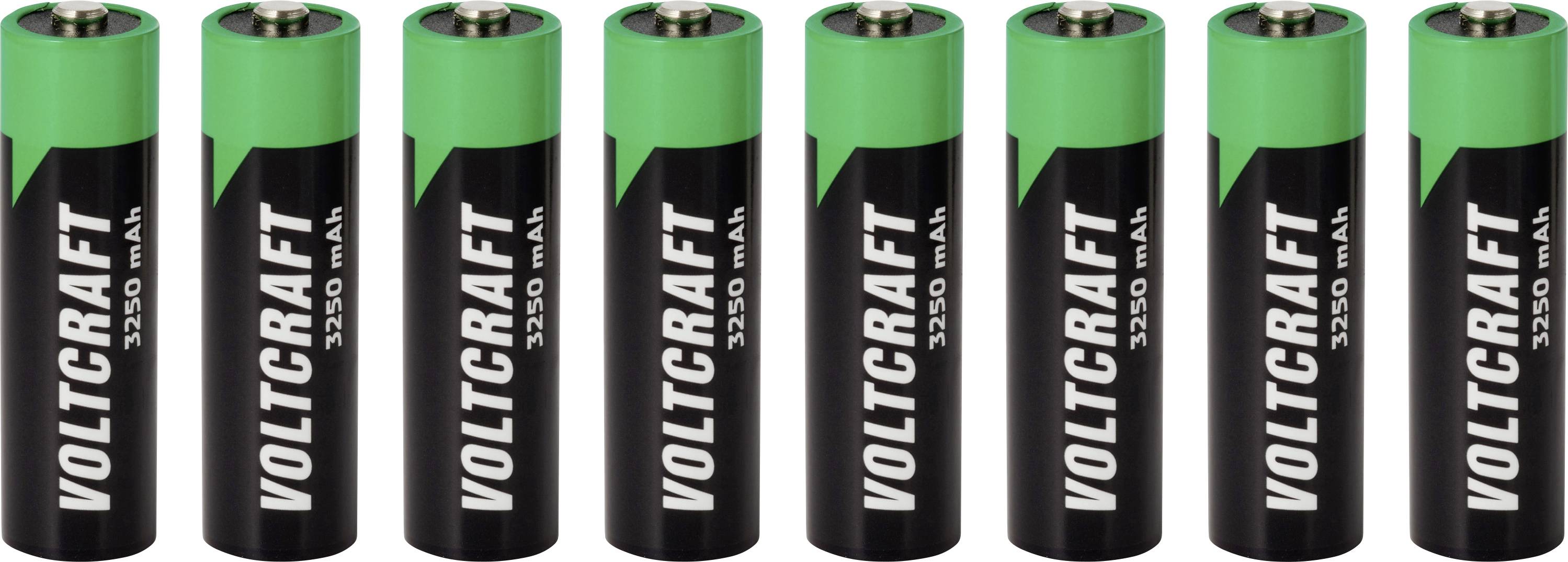 Reihe von neun grün-schwarzen Voltcraft 1250 mAh AA-Batterien aufrecht auf weißem Hintergrund stehend.