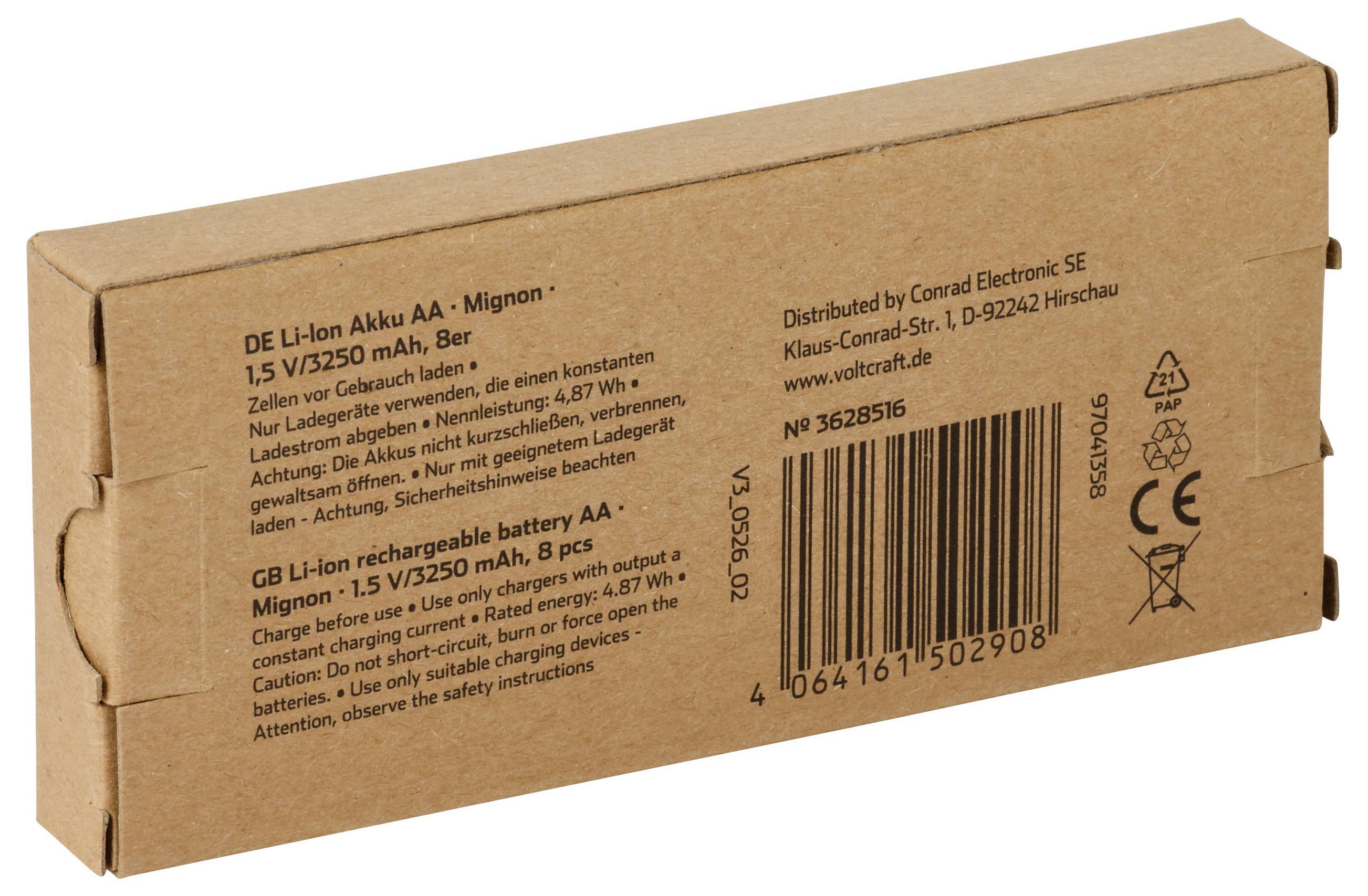 Braune Pappschachtel für Batterien mit Beschriftung für AA wiederaufladbare Lithium-Ionen-Batterien, mit Produkttext, Barcode und Sicherheitssymbolen.
