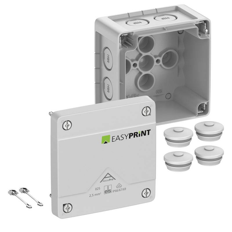Produktfoto eines EASYPRINT-Elektroverteilerkastens, das ein graues Wandgehäuse, eine passende Abdeckplatte und vier weiße Kabeldurchführungen mit Schrauben zeigt.