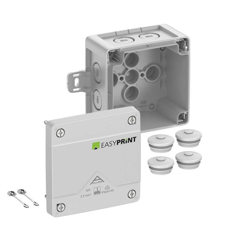 Explodierte Ansicht einer EASYPRINT-Elektroverteilerdose mit Deckel, Kabeleinführungen und Befestigungsklammern auf weißem Hintergrund.