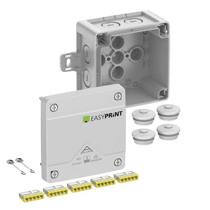 Elektroverteilerdosen-Set mit Abdeckung, Montagebox, Kabelverschraubungen und Klemmenleisten für die Elektroinstallation.