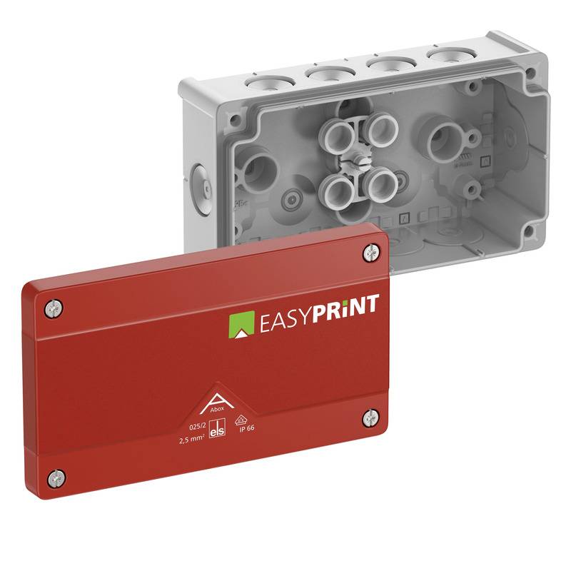Rote EASYPRINT-Abdeckplatte auf einer grauen elektrischen Verteilerdose, dargestellt vor der Dose mit sichtbaren Schraukenecken.