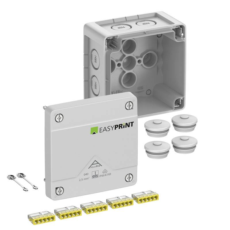 Produktabbildung eines EASYPRINT Elektroverteilerdosen-Sets mit Abdeckung, Unterputzkasten, Kabelverschraubungen, Schrauben und Klemmleisten