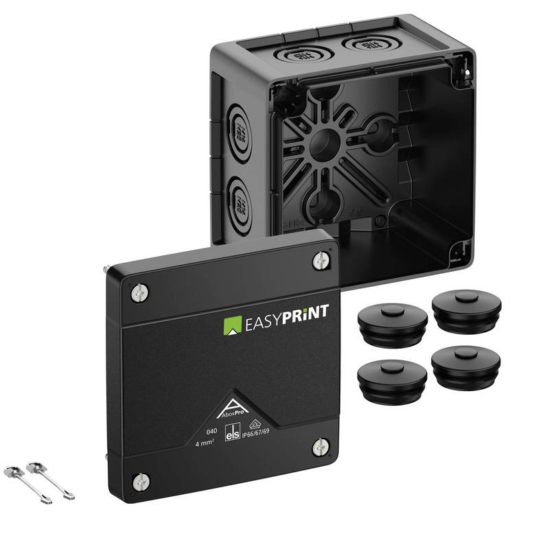 Schwarzes EASYPRINT Elektro-Verteilerdosenset mit Abdeckung, Montagesteckern und Schrauben auf weißem Hintergrund dargestellt.