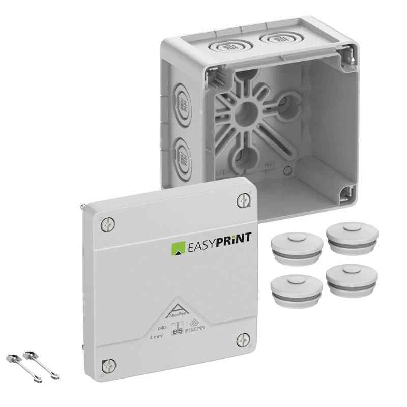 Produktbild einer grauen elektrischen Verteilerdose mit passendem Deckel mit der Aufschrift „EASYPRINT