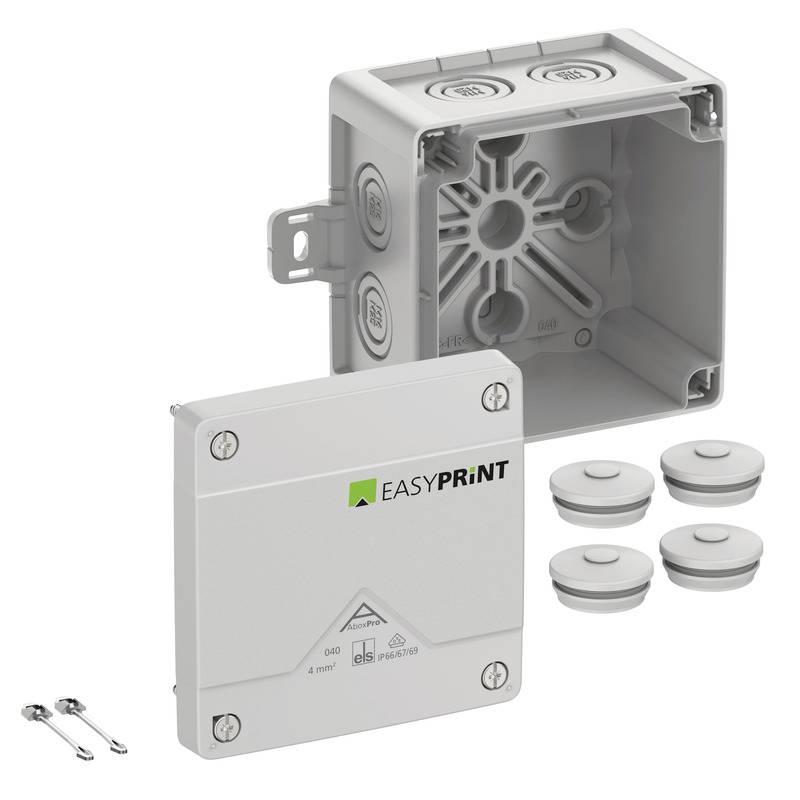 EASYPRINT Elektro-Anschlussdosenset mit grauem Wandgehäuse, Abdeckplatte, vier runden Kabeleinführungen und zwei Schrauben auf weißem Hintergrund.
