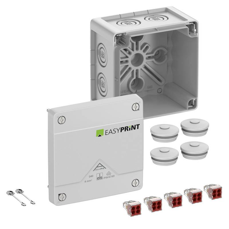 Produktbild eines EASYPRINT-Elektroverteilerkastens, der die graue Box, die Abdeckung, vier Kabeleinführungen und mehrere Drahtverbinder und Schrauben zeigt.