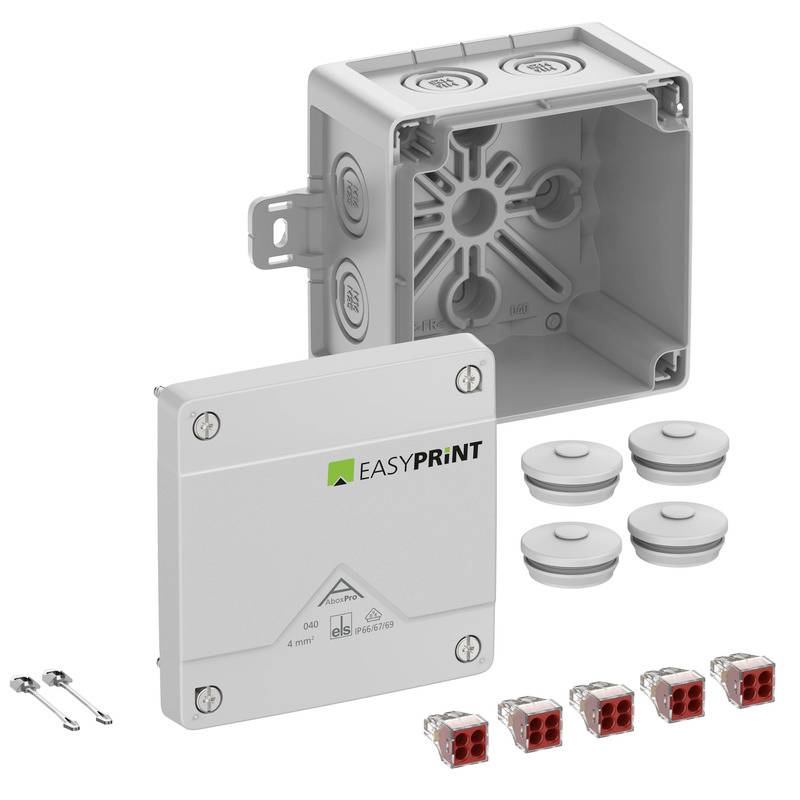 Produktfoto eines EASYPRINT-Elektroverteilerkastens, der eine offene graue Box, Abdeckplatte, Kabelverschraubungen, Schrauben und Anschlussklemmen zeigt.