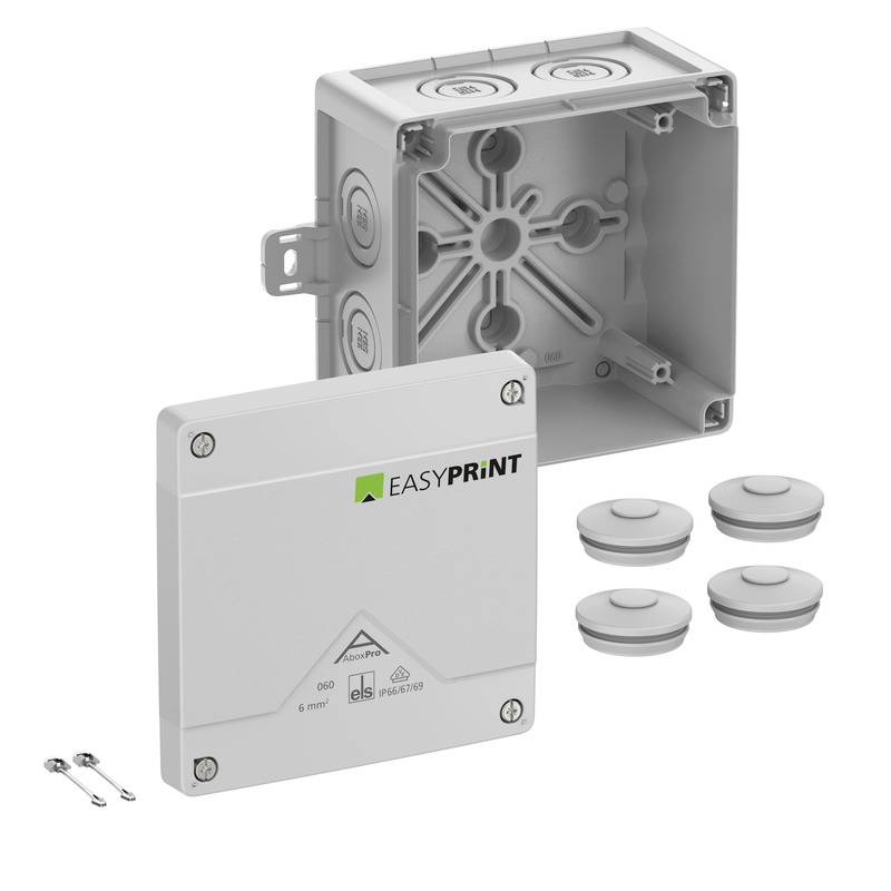 EasyPrint Elektroverteilerdosen-Set mit Abdeckung, Installationsdose, vier runden Kabeldurchführungen und Befestigungsschrauben auf weißem Hintergrund.