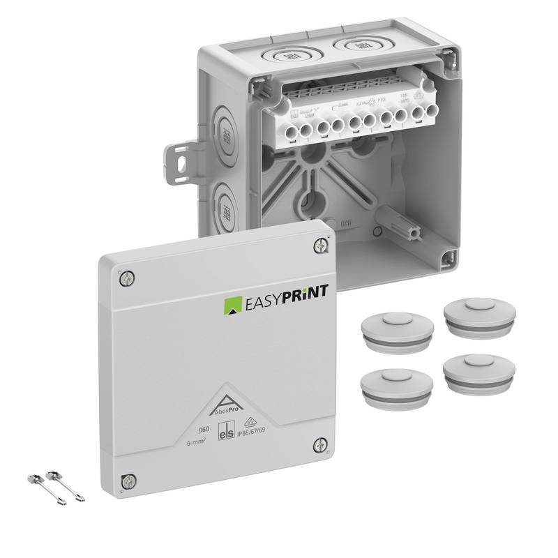 Graue elektrische Verteilerdose mit abnehmbarem EASYPRINT-Deckel, vier runden Kabelzuführungen und zwei kleinen Schrauben als Produktkomponenten dargestellt.