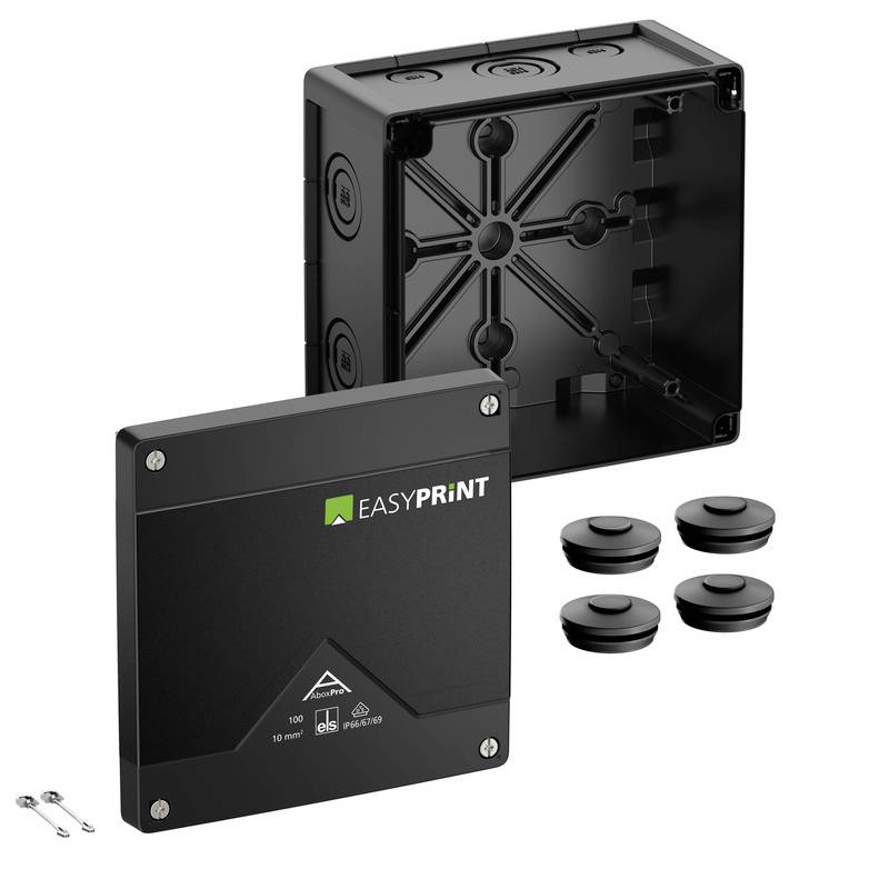 Produktbild eines schwarzen EASYPRINT-Elektroverbindungskastens, der die Abdeckung, die Kastenbasis, vier runde Kabeldichtungen und Montageschrauben zeigt.