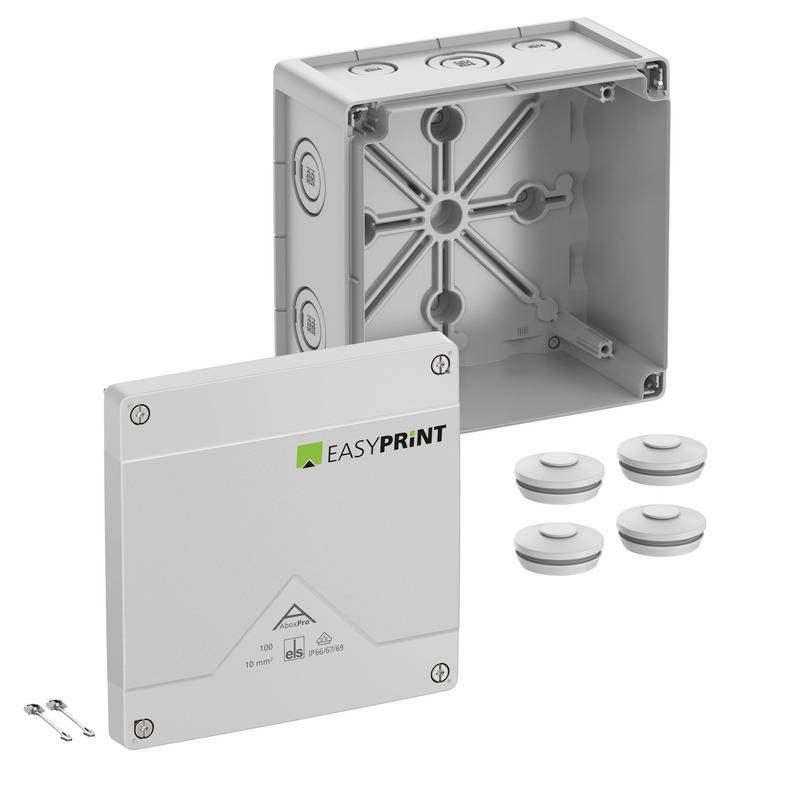 Weiße elektrische Verteilerdose mit passendem Deckel mit der Bezeichnung „EASYPRINT
