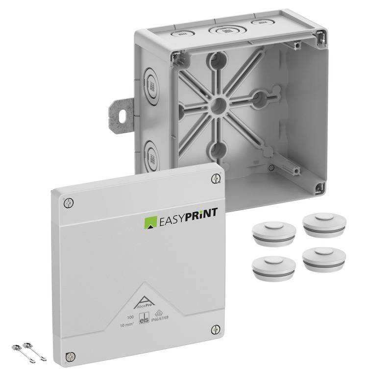 EasyPrint Elektro-Verteilerdosen-Set mit grauem Wandkasten, Abdeckplatte, vier Kabeleinführungen und zwei Schrauben auf weißem Hintergrund dargestellt.