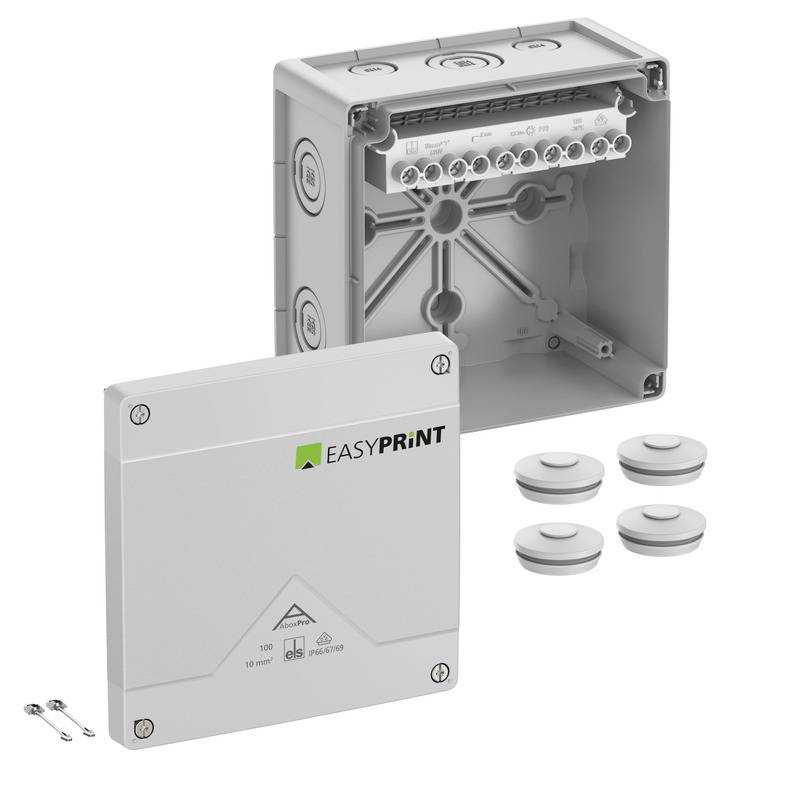 Graue EASYPRINT-Elektroverteilerdose mit Abdeckung, inneren Verdrahtungsklemmen und vier runden Kabelverschraubungen auf weißem Hintergrund.
