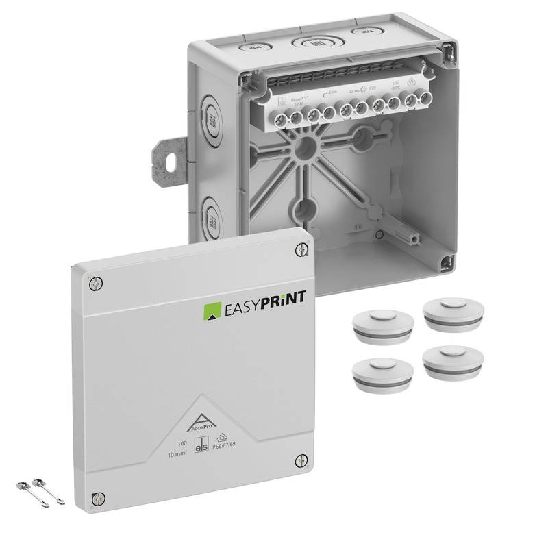 Elektrischer Anschlusskasten-Satz mit grauem Deckel mit der Bezeichnung „EASYPRINT