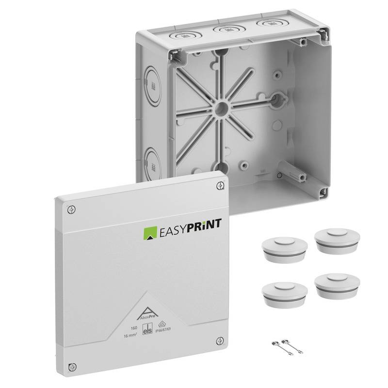EasyPrint Elektro-Verteilerdosenset mit grauem Abdeckungsdeckel, Unterputzkasten, vier Kabeldurchführungen und zwei Schrauben auf weißem Hintergrund.