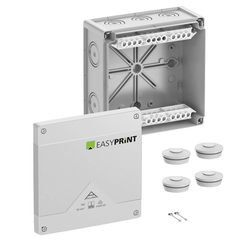 Produktabbildung einer EASYPRINT-Elektroverteilerdose mit Frontabdeckung, offener Rückseite, vier runden Kabeleinführungen und zwei kleinen Schrauben