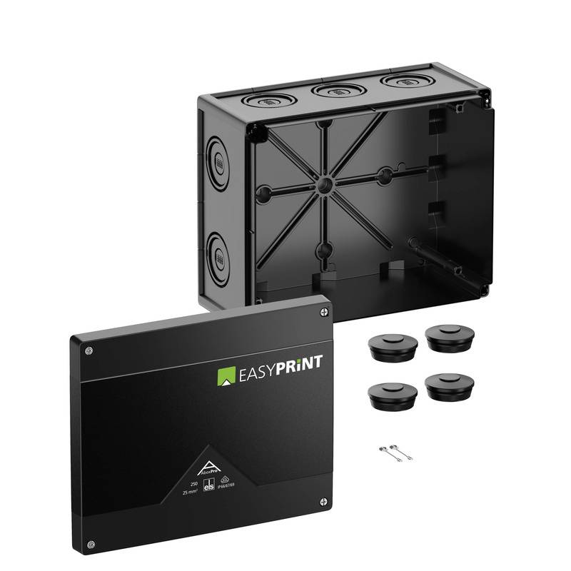 Schwarze EasyPrint-Elektroschalterdose und Abdeckung mit Befestigungsmaterial, dargestellt als explodierte Produktansicht auf weißem Hintergrund.