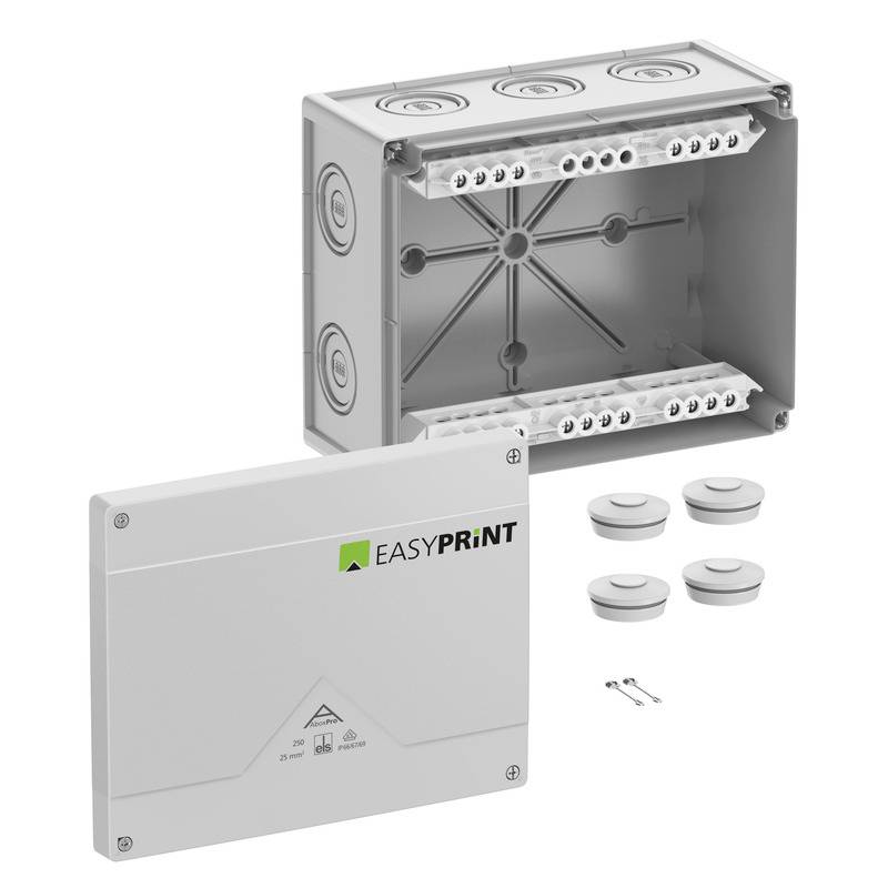 Produktbild einer grauen EasyPrint-Stromverteilerdose mit offener Rückseite, Frontabdeckung und vier Kabelverschraubungen mit im Lieferumfang enthaltenen Schrauben.