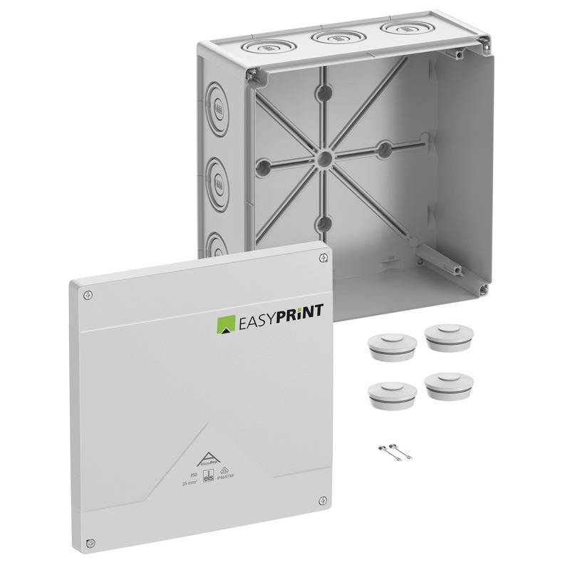 Offene graue elektrische Anschlussbox mit abnehmbarem Deckel mit der Aufschrift 