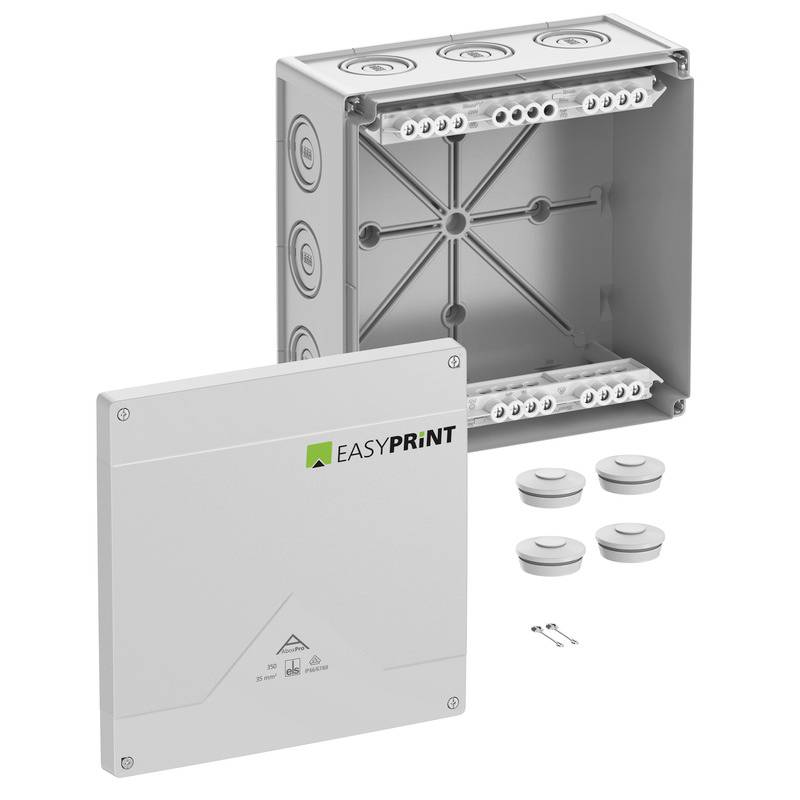 Elektrokasten mit weißem Deckel und zwei orangefarbenen Steckverbindern, dargestellt mit geöffnetem Kasten und sichtbaren internen Verdrahtungsklemmen.