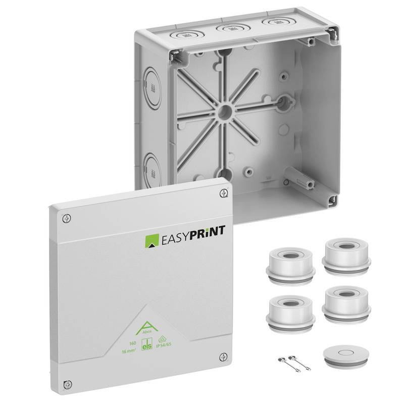Elektrischer Verteilerkasten-Set mit grauem Gehäuse, Deckel mit Beschriftung „EASYPRINT