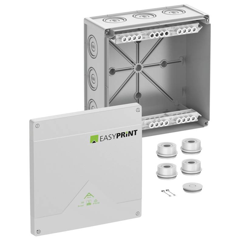 Metallische elektrische Anschlussdose mit abnehmbarem EasyPrint-Deckel, geöffnet dargestellt mit Kabeleinführungslöchern und Montagezubehör daneben.