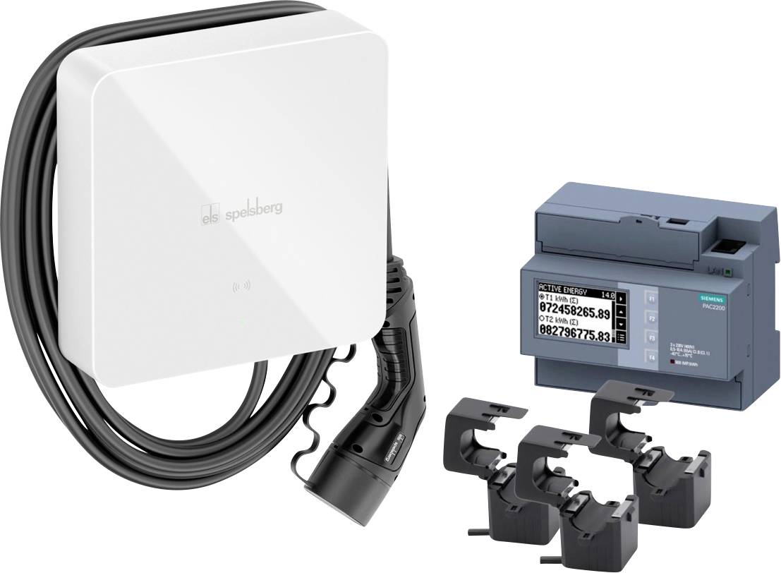 Elektroüberwachungsset mit einem weißen wandmontierten Sensor, aufgewickeltem Kabel und Stecker, einem blauen Stromzähler und drei schwarzen Zangensensoren.