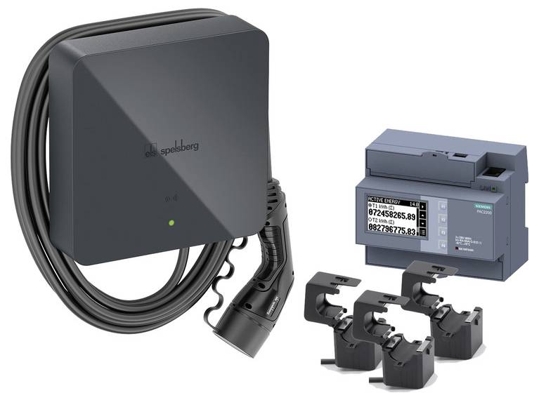 Produktfoto einer intelligenten Ladeeinheit für Elektrofahrzeuge mit aufgerolltem Kabel und Stecker, sowie einem Energiemessgerät und drei Montagehalterungen/Zubehörteilen.