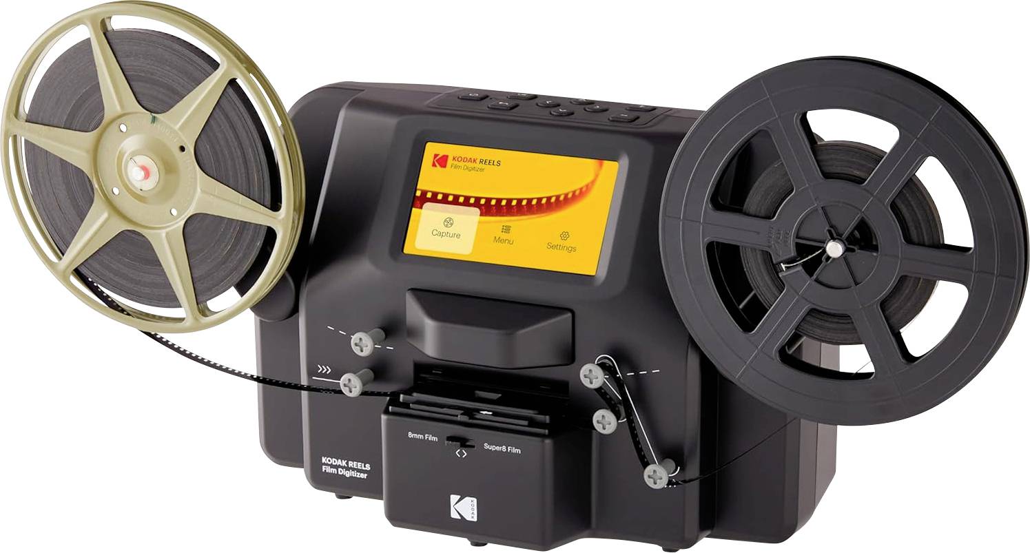 Ein Filmscanner mit zwei Rollen und einem digitalen Display, das Optionen zum Scannen und Einstellungen anzeigt, mit der Marke 