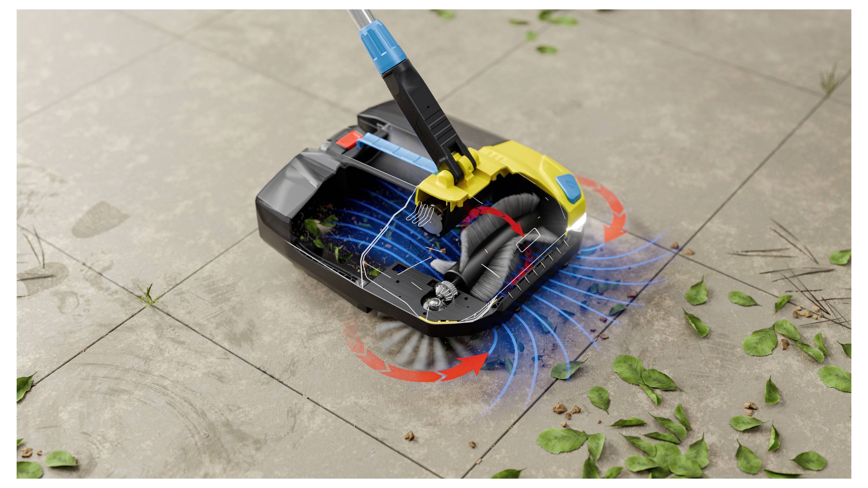 Ein Roboter-Bodenwischer bewegt sich über eine Fliesen-Oberfläche und fegt Blätter und Schmutz weg. Blaue Pfeile zeigen den Reinigungsweg und die Luftströmung an.
