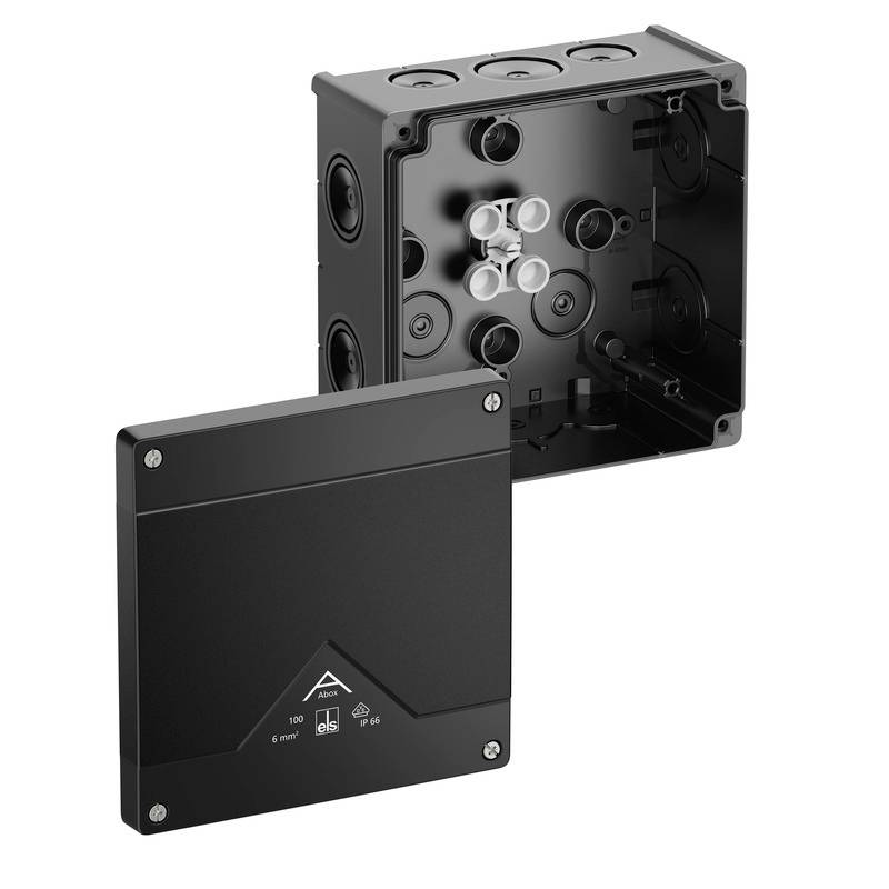 Schwarze elektrische Anschlussdose mit abnehmbarem Frontdeckel, geöffnet, um kreisförmige Kabeleinführungsöffnungen und Befestigungslöcher zu zeigen.