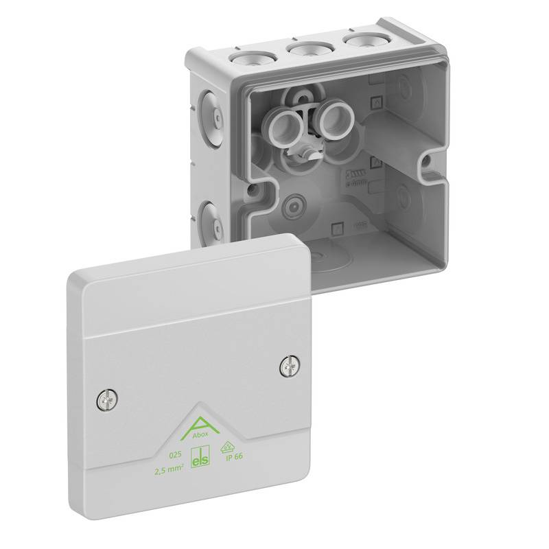 Weiße elektrische Verteilerdose mit offener grauer Montagebox dahinter, die Kabeleingangsöffnungen und eine leere Frontabdeckung mit Kennzeichnung für den Außenbereich zeigt.