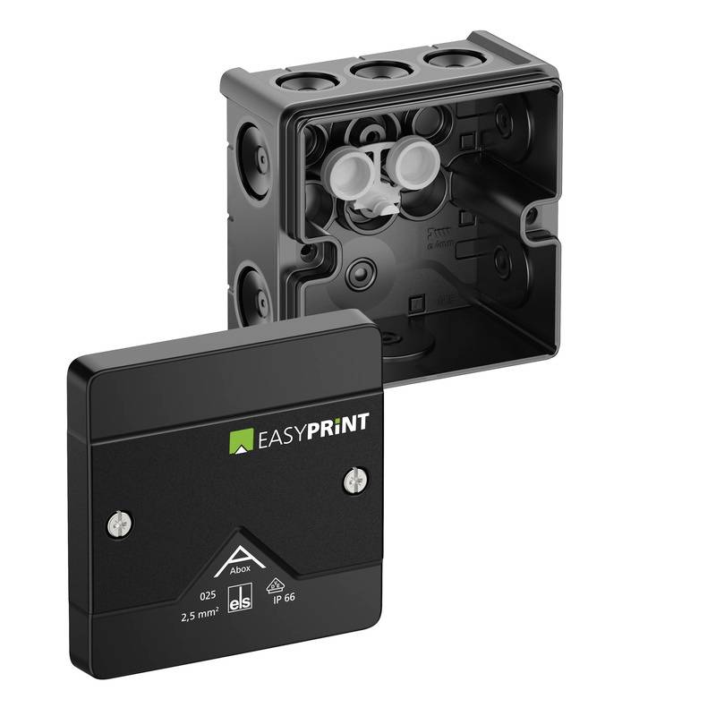 Schwarze EASYPRINT Elektroverteilerdose mit abnehmbarem Frontdeckel, zeigt interne Kabeleinführungsöffnungen und Schraubklemmen auf weißem Hintergrund.
