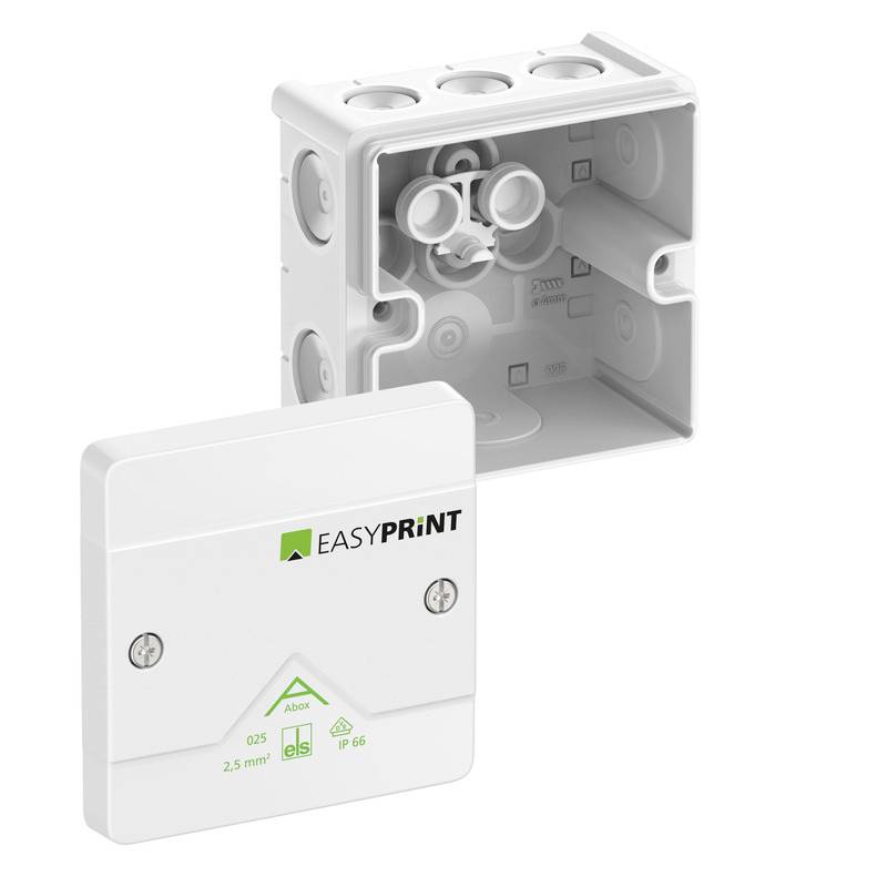 Weiße EasyPrint-Elektroverteilerdose mit Abdeckung vorne und offener Montagedose hinten, zeigt Kabeleinführungsöffnungen und Klemmenraum.