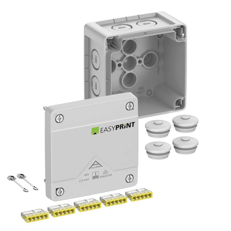 Produktbild eines EASYPRINT-Elektroschaltschrank-Kits mit grauem Gehäuse, Abdeckung, Kabelverschraubungen, Befestigungsclips und Anschlussblöcken.