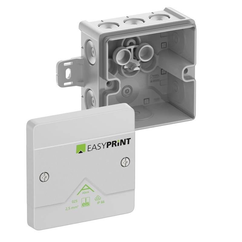 Offene graue elektrische Anschlussdose mit abnehmbarer Frontabdeckung mit der Bezeichnung EASYPRINT und ABB, zeigt interne Kabeleingangsöffnungen.