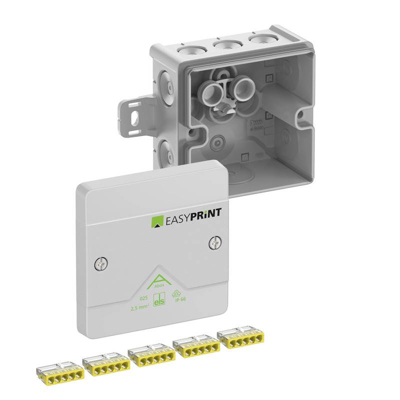 Produktbild eines EASYPRINT-Elektroverteilerkastens, das einen grauen Wandkasten, eine passende Abdeckplatte und fünf gelbe Anschlussklemmen auf weißem Hintergrund zeigt.