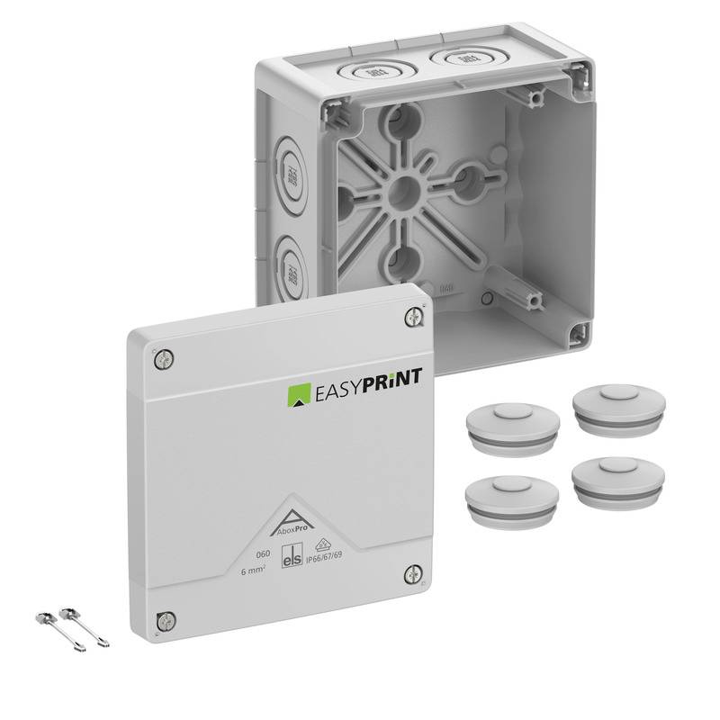 Produktfoto eines EasyPrint-Elektroabzweigkasten-Sets, das eine graue Wanddose, eine passende Abdeckplatte und vier runde Kabelauslässe mit Befestigungsschrauben zeigt.