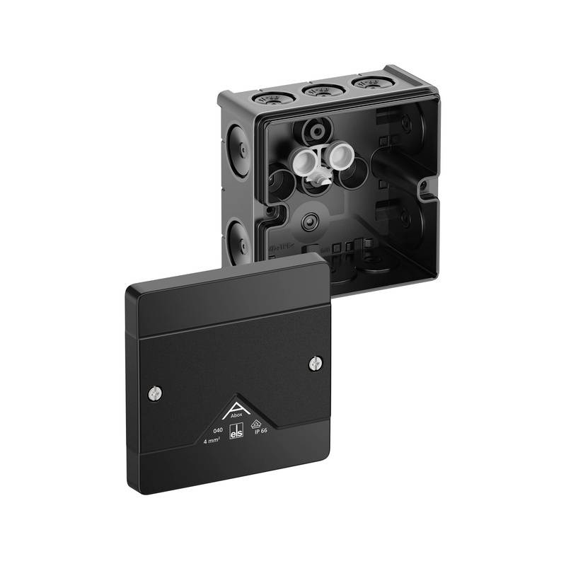 Schwarze elektrische Verteilerdose, offen gezeigt mit abnehmbarem Deckel, der interne Kabeleingangsöffnungen und Montagefläche freilegt.