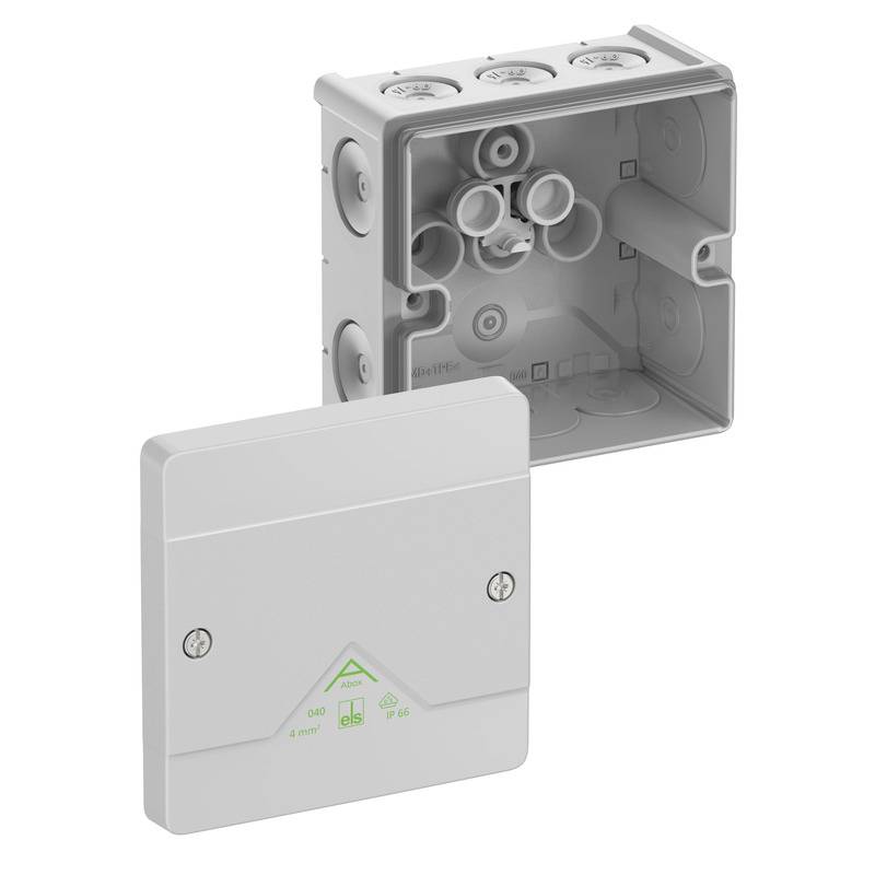 Elektrische Verteilerdose mit grauem Deckel und abnehmbaren roten Steckerklemmen, die darunter gezeigt sind.