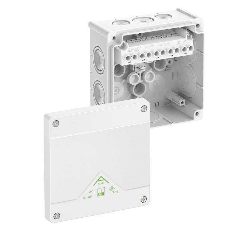 Weiße elektrische Verteilerdose mit abnehmbarem Deckel, der Anschlussöffnungen und Kabeleinführungspunkte für Verdrahtungsverbindungen zeigt.