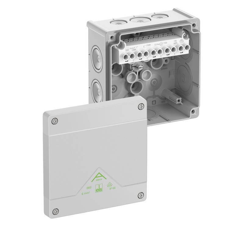 Offene elektrische Verteilerdose mit abnehmbarem Deckel und Klemmleiste im Inneren, gezeigt auf weißem Hintergrund.