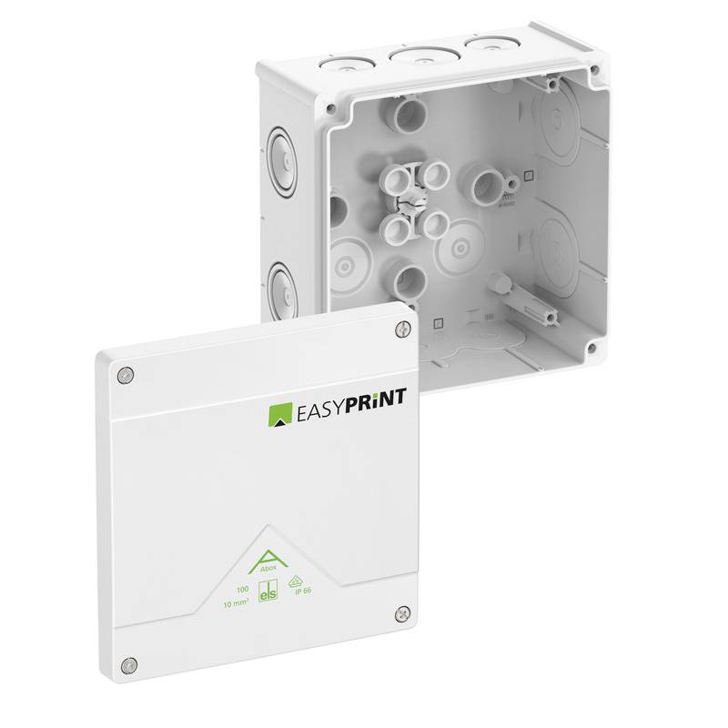 Weiße EASYPRINT-Elektroverteilerdose mit passendem Deckel, geöffnet dargestellt, um innere Leitungseinführungen und Befestigungspunkte zu zeigen.
