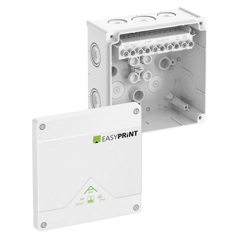 Weiße elektrische Schalterdose mit EASYPRINT-Abdeckung, geöffnet dargestellt, um interne Kabeleintrittspunkte und Montagelöcher zu zeigen.